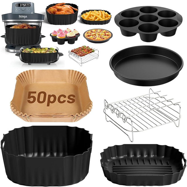 Air Fryer Accessories for Ninja Crispi Pro 6-in-1 Glass Airfryer AS101CY | AS101DG | AS101LG, 6 Piece Ninja Crispi Pro Accessories Silicone Liners, Paper Liners, Grill, Pizza Pan, 7-Hole Muffin Pan