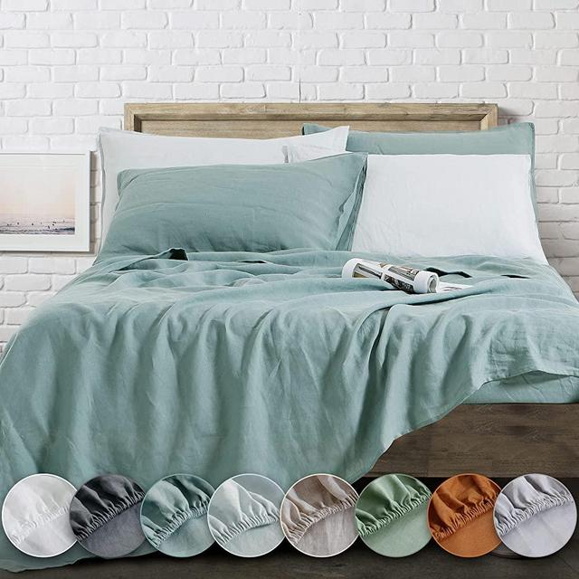 EVERLY Linen King Size Sheets Set, 100% Stonewashed French Linen Bed Sheets Deep Pocket Sheets, 4 Pieces (1 Flat Sheet, 1 Fitted Sheet, 2 Pillowcases) Natural Flax Bedding Set, Aqua