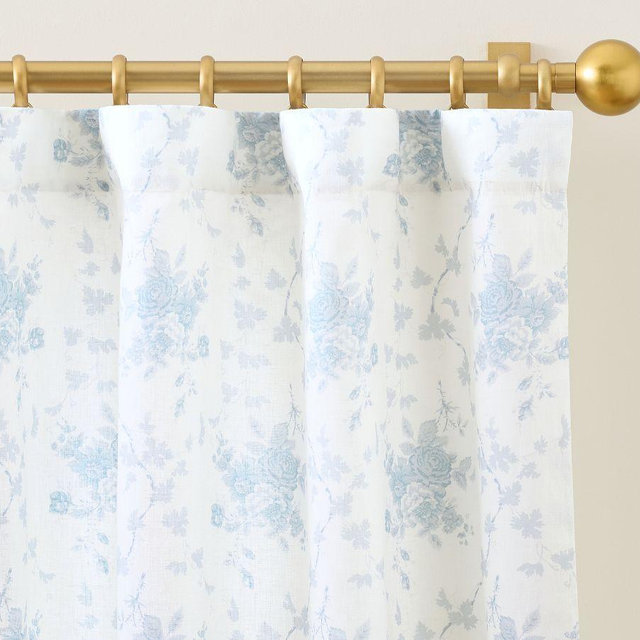 LoveShackFancy Belgian Flax Linen La Vie En Rose Curtain, Blue, 50" W x 96" L