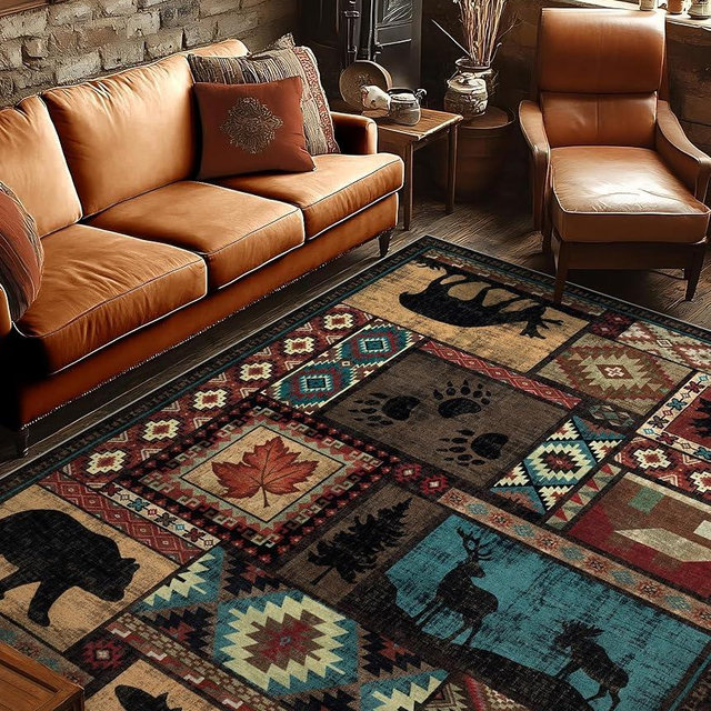 YIHOUSE Rustic Cabin Area Rug 8x10,Machine Washable Lodge Bear Rug,Non-Slip Low Pile Print Pattern Southwestern Rug for Living Room Bedroom