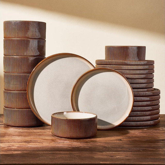 24-Piece Dinnerware Set Service for 8, Famiware Premium Stoneware Dish Set with Ribbed Plates and Deep Bowls, Double Reactive Glaze, Chip & Scratch Resistant, Microwave & Dishwasher Safe, Cream Cocoa