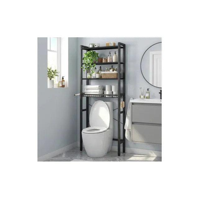 LEDREM Over The Toilet Storage Shelf, 4-Tier Wooden Bathroom Organizer Adjustable Saver Space Rack , Black