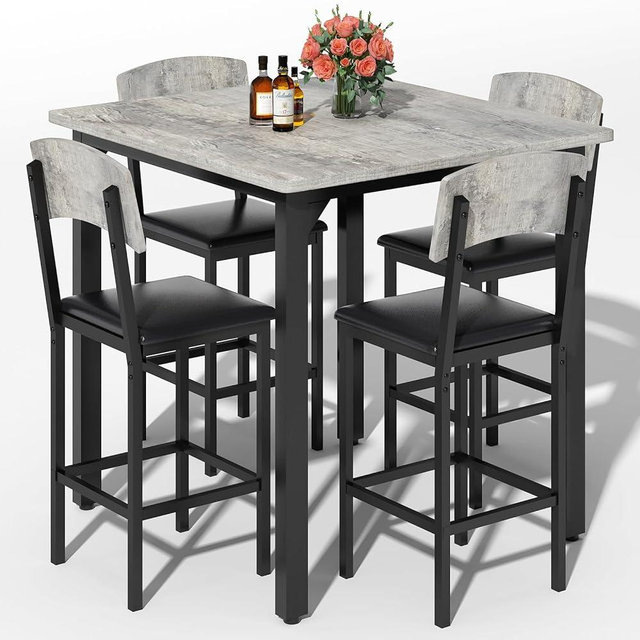 AWQM 5-Piece Dining Table Set, Dining Table Set for 4, Counter Height Table & 4 Bar Stools, Modern Kitchen Dining Set, with Upholstered Chairs, Compact Dining Set for Small Spaces, Gray