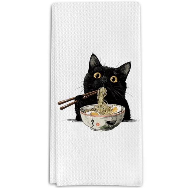 Japanese Gifts Kitchen Towels for Cat Lover, Ramen Cat Gifts Decorative Towels for Bar Kitchen Bathroom