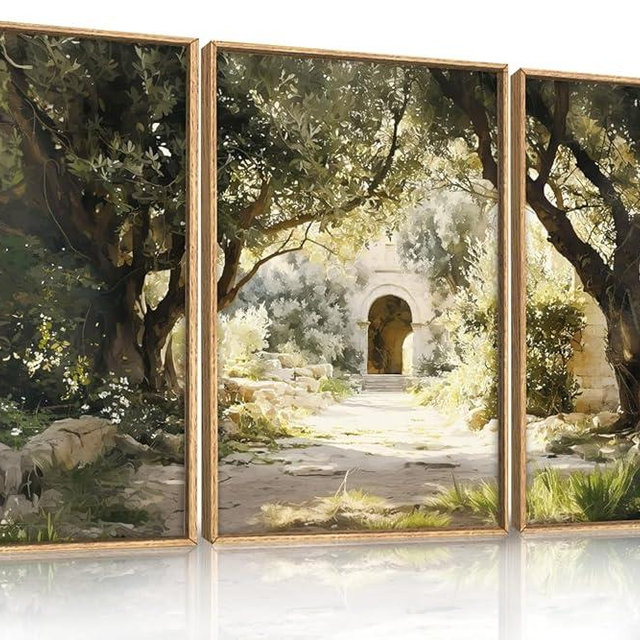 Ausril Garden of Gethsemane Landscape Framed Canvas Wall Art, Jerusalem Town Villages Scenery Prints, Jesus Boho Religious Decor, Christian Bible Art Painting for Bedroom Living Room Office 24"x36"x3