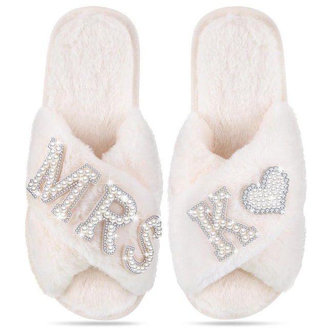 Tarpop Bride Slippers Mrs Slipper for Wedding with Personalized Initial Pearl Design Bridal Gifts