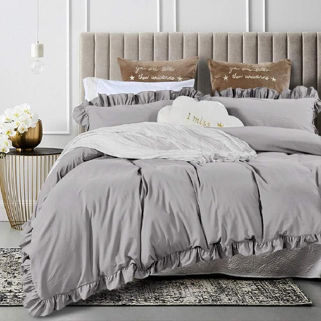 Queen's House Duvet Cover Cal King Gray Washed Cotton Ruffles Quilt Cover Bedding California King Set-Shabby Ruffle,Grey