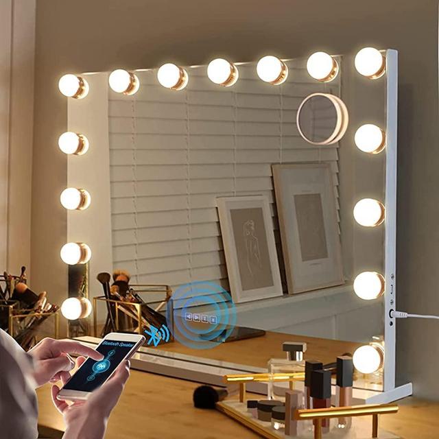 Fenair Bluetooth Makeup Mirror with Lights and Speaker Support Answer Call Hollywood Vanity Mirror, Touch Screen, 3 Color Modes Frameless Tabletop Mirror with 15 Dimmable Bulbs
