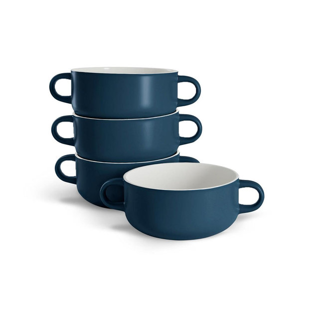 Kook Ceramic Soup Crocks, with Handles, 18 Oz, Set of 4, Navy Blue