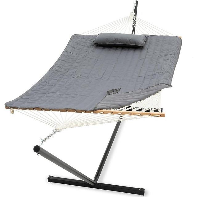 PNAEUT Double Hammock with Stand Included, 12ft Heavy Duty Stand, 2 Person Traditional Cotton Rope Hammocks with Polyester Pad for Poolside Patio Backyard Outdoor, Max 475lbs Capacity (Dark Grey)