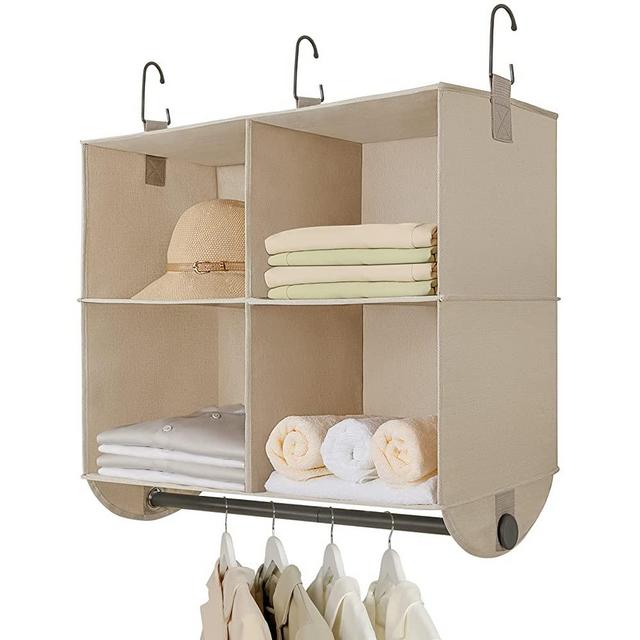 TOPIA HOME 4-Section Hanging Closet Shelves with Rod, Upgraded Thickened Fabric Hanging Closet Organizer, Collapsible Closet Organizers and Storage Organization, 24" W x 12" D x 29" H, Beige