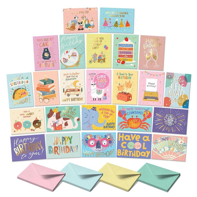 S&O Box of Birthday Cards with Envelopes - Bulk 24 Unique Happy Day Notes - Colorful Birthday Decor Bulk for Office & Home - Assorted Party Cards with Envelopes - 4x5.5”