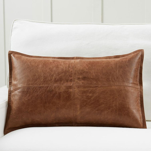 Pieced Leather Lumbar Pillow Cover, 16x26", Whiskey