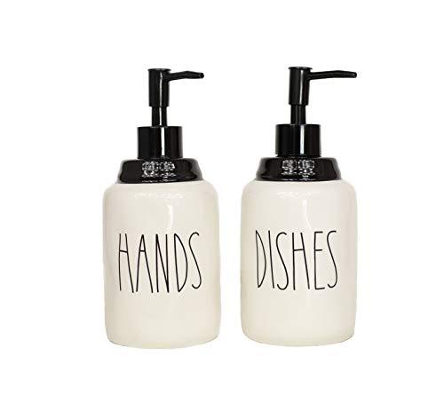 Cam n Honey Farmhouse Style Ceramic Dishes and Hands Liquid Soap Dispenser Set – Perfect for Kitchen Counter Décor (14oz, White Bottles with Black Pump and Lettering)