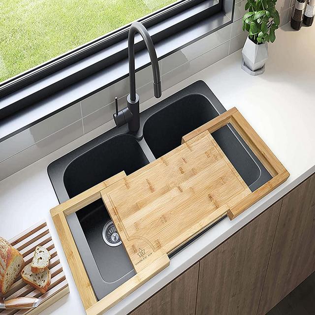 Kindled Ivys Expandable Bamboo Wooden Over The Sink Cutting Board - Extra Large XXL Expands Over Kitchen Sink to 33.5x11". Natural Bamboo, More Space for Meal Prep, Meat, and Cheese Serving Tray