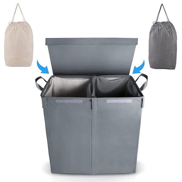 MCleanPin Double Laundry Hamper with Removable Bags, Collapsible Dirty Clothes Hamper 2 Section, Double Laundry Hamper with Lid and 2 Compartment,College Laundry Room Hamper (2 Grey)
