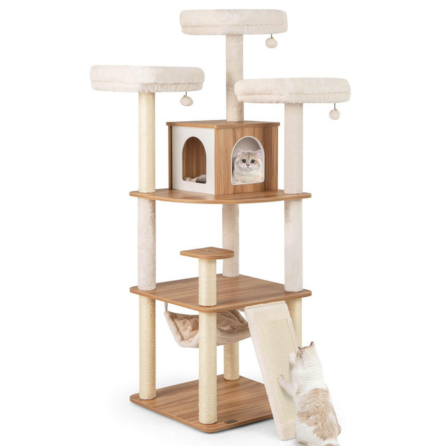 Costway 68” Tall Cat Tree Wood Cat Tower w/ 3 Padded Perches Multi-Level Climbing Furniture
