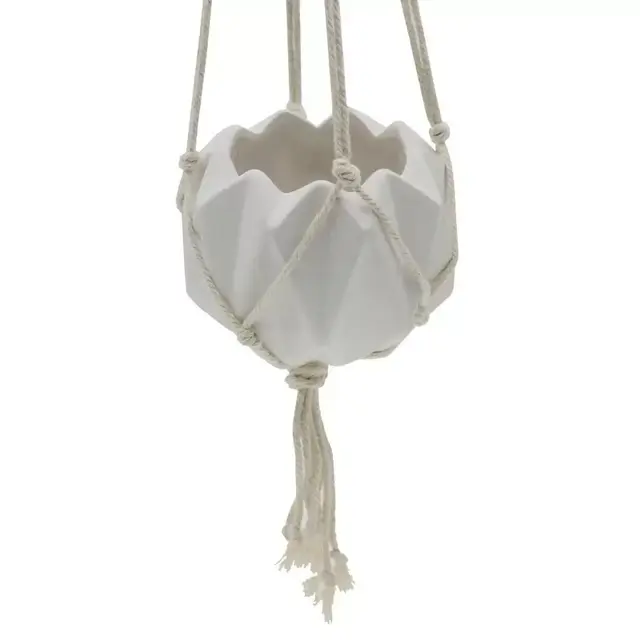 5 in. Matte White Ceramic Macrame Hanging Planter