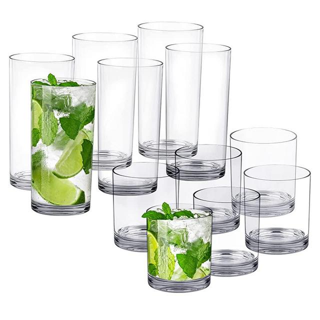 12 Pack Plastic cups, Clear Tumblers, 6 each: 12 ounce and 16 ounce Water Drinking Cups, Reusable Drinking Glasses Set