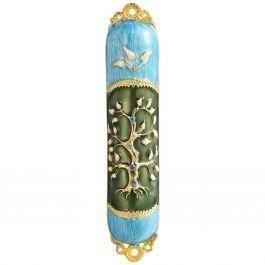 Teal and Green Crystaled Hand Painted Tree of Life Mezuzah Case