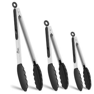 HOTEC Premium Stainless Steel Locking Kitchen Tongs with Silicon Tips, Heat Resistant Cooking Tongs Set of 3-7", 9" and 12" (Black)