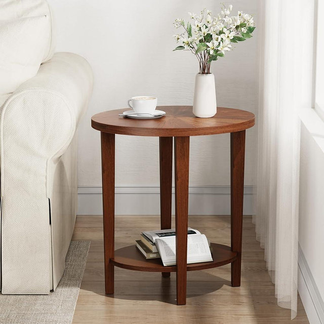 BRRITLE Solid Wood Oval End Table, Farmhouse Sofa Side Table, 2 Tier Beside Corner Table with Storage Shelf for Living Room, Bedroom Easy Assembly Walnut
