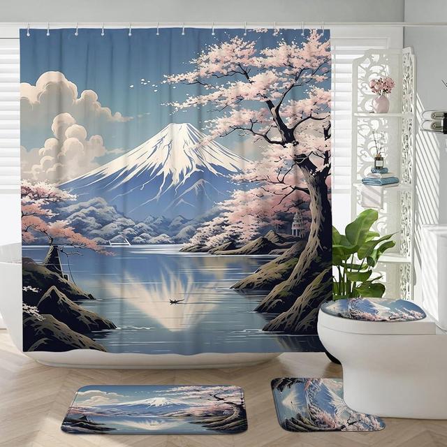 Witzest 4Pcs Japanese Shower Curtain Sets with Non-Slip Rug, U Shape and Toilet Lid Cover Mat, Fuji Home Bathroom Decor Set Accessories with 12 Hooks, 72 x 72 Inch