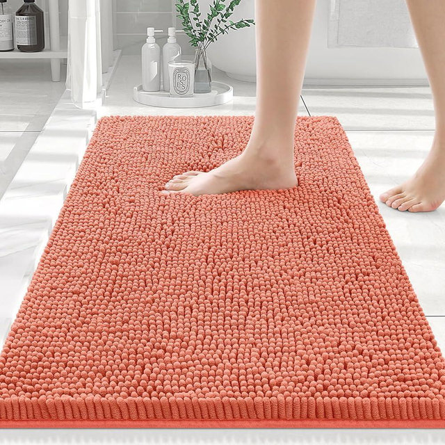 Smiry Luxury Chenille Bath Rug 30''x20'', Extra Soft and Absorbent Shaggy Bathroom Mat Rugs, Machine Washable, Non-Slip Plush Carpet Runner for Tub, Shower, and Bath Room, Coral