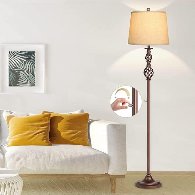 Floor Lamp for Living Room Farmhouse Rustic Standing Tall Lamp with 2 Lampshades and Stepless Dimmable Large Cream Drum Shade Spiral Cage Base Class Standing Lamps for Bedroom Home Decor by PARTPHONER