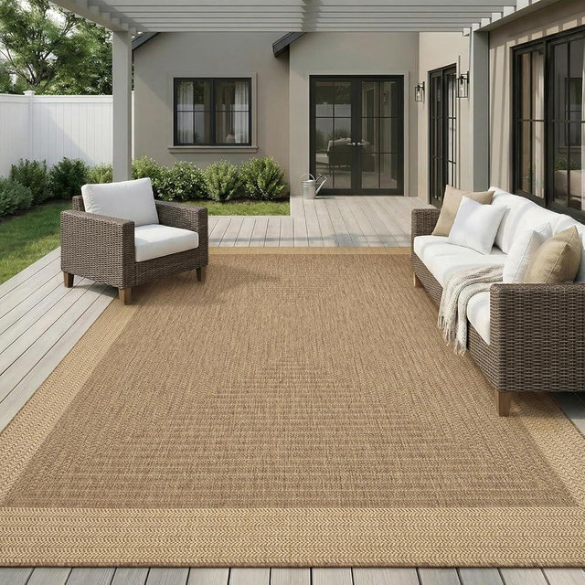 MontVoo-Outdoor Rug-Patio Rug 8x10 ft Polypropylene Indoor Outdoor Rugs Outdoor Carpet for Patio Deck Balcony Porch, Textured Weave, Durable for High Traffic, Fade-Resistant, Modern Neutral Brown