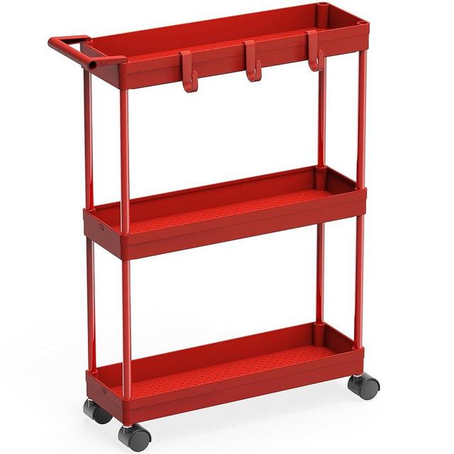Simple Houseware 3-Tier Slim/Narrow Storage Cart with Handle, 5.5'' Wide x 26.5'' Height Rolling Organizer for Kitchen, Bathroom, Laundry Room - Red