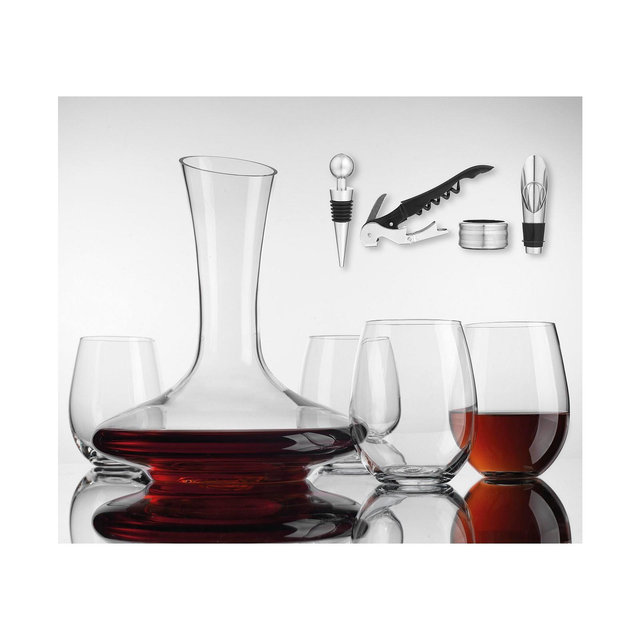 Godinger Wine Carafe Set with 4 Stemless Glasses, a Stopper, Pourer, Corkscrew, and Collar
