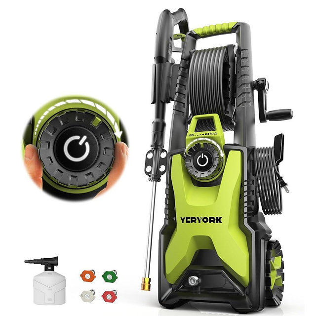 YERYORK Pressure Washer, Adjustable 5000 Max PSI 2.5 Max GPM, Power Washer with 33 FT Hose Reel, Steel Wand, 500ml Foam Cannon, 4-Nozzle Set, Electric Pressure Washer for Cars, Fences, Patios