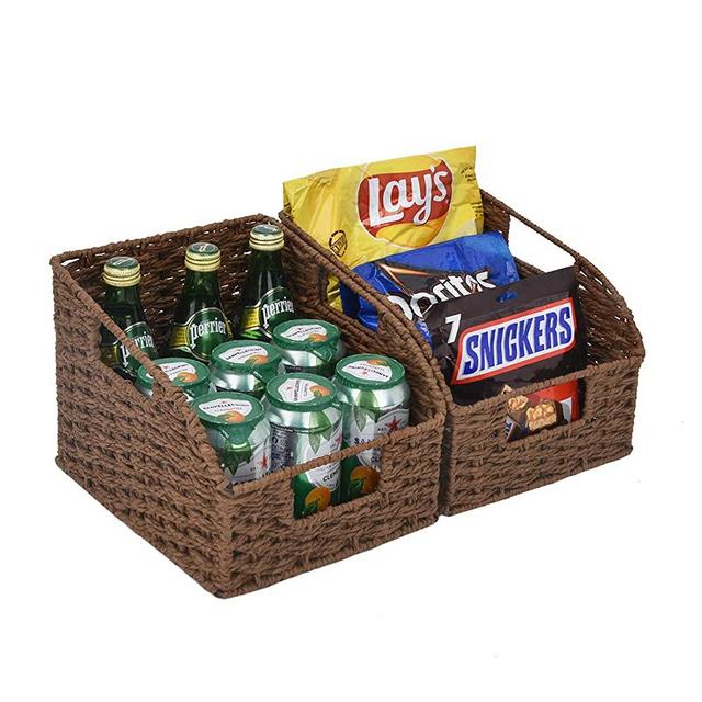StorageWorks Round Paper Rope Storage Baskets with Built-in Handles, Hand Woven Baskets for Organizing, Dark Brown, 8.5” x 9.8” x 7.5”, 2-Pack