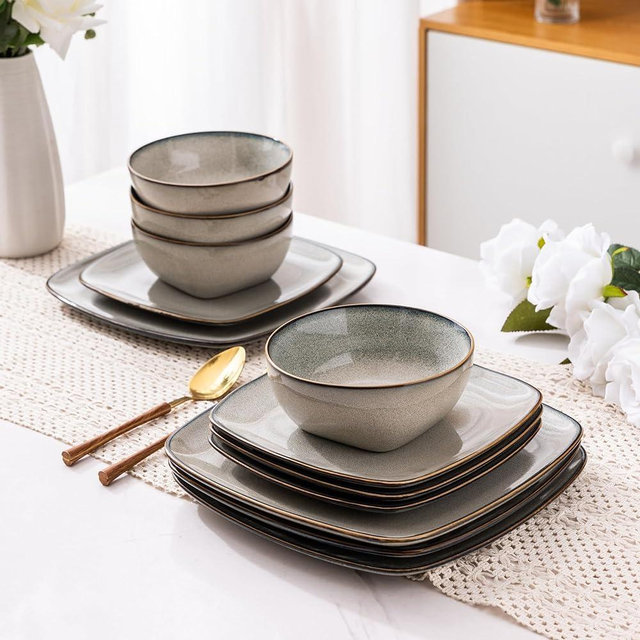 AmorArc Ceramic Dinnerware Sets for 4, 12 Pieces Square Handpainted Plates and Bowls Set, Chip and Scratch Resistant Stoneware Dishes Set, Dishwasher & Microwave Safe, Reactive Glaze