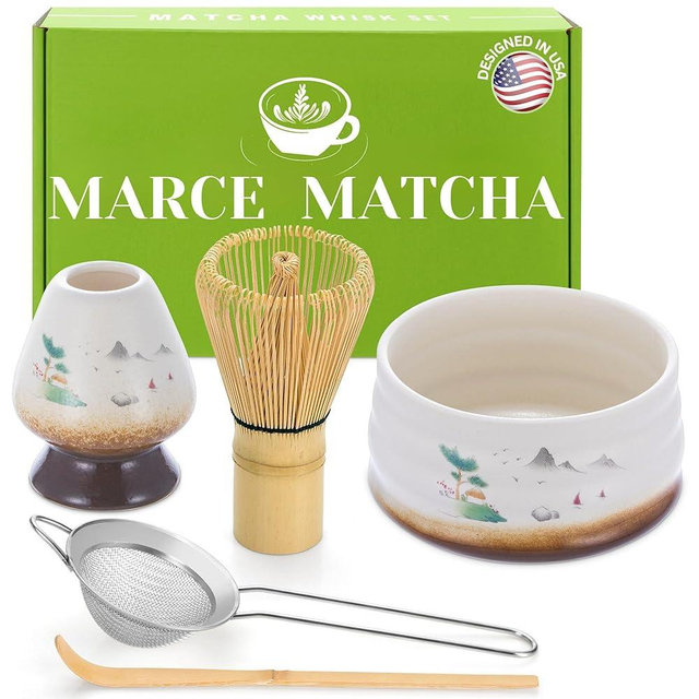 Marce Matcha Whisk Set- Matcha Whisk and Bowl, Matcha Sifter, Matcha Whisk Holder and Matcha Spoon- The Perfect Matcha Kit for Matcha Tea (Cream)