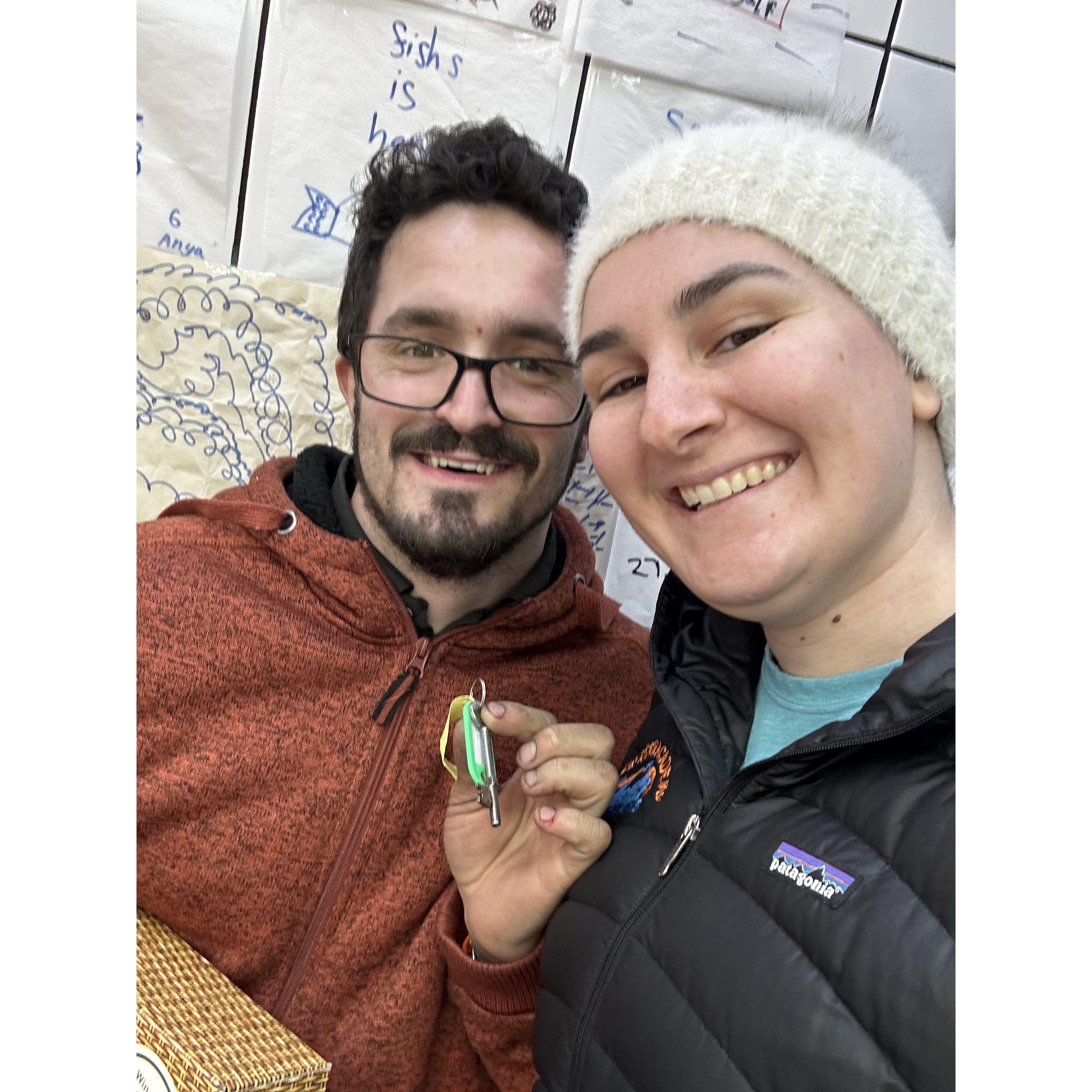 Grinning with keys for our first place at our favorite chippy
