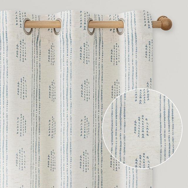 ugoutry Boho Linen Curtains for Bedroom Living Room Blue Farmhouse Boho Curtains 84 Inches Long Geometric Striped Patterned Mudcloth Grommet Top Light Filtering Window Drapes 2 Panels Blue on Beige