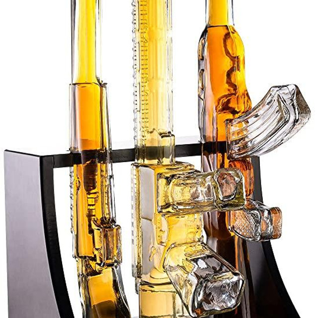 Gun Whiskey Decanter Gun Rack - 3 Gun Decanter with Glass AR-15, AK-47 and Rifle - Gun Gifts for Men - Whiskey Decanter Set - Bourbon & Scotch Decanter for Alcohol - Firearm Shooting Gifts for Dad