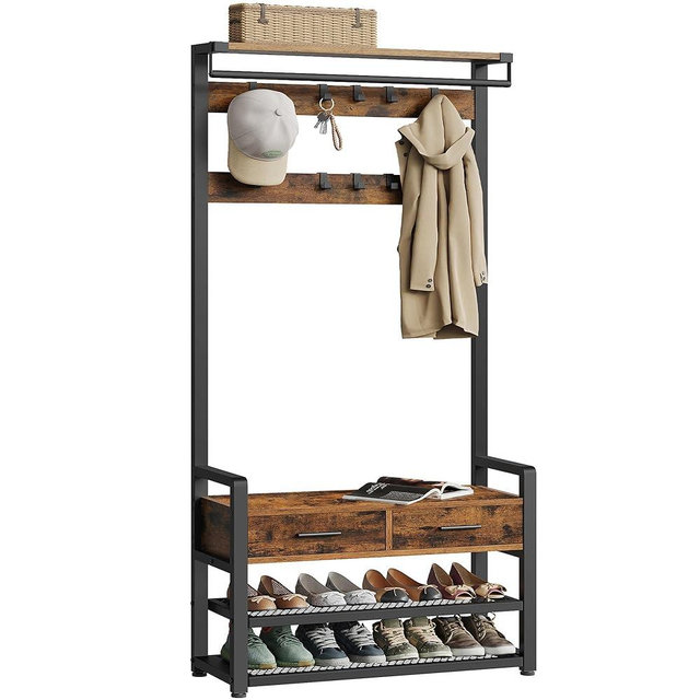 VASAGLE Hall Tree with Bench and Shoe Storage, Entryway Coat Rack with Shoe Bench, 2 Fabric Drawers, 10 Hooks, 11.8 x 31.7 x 71.5 Inches, Vintage Brown and Ink Black UHSR429B01