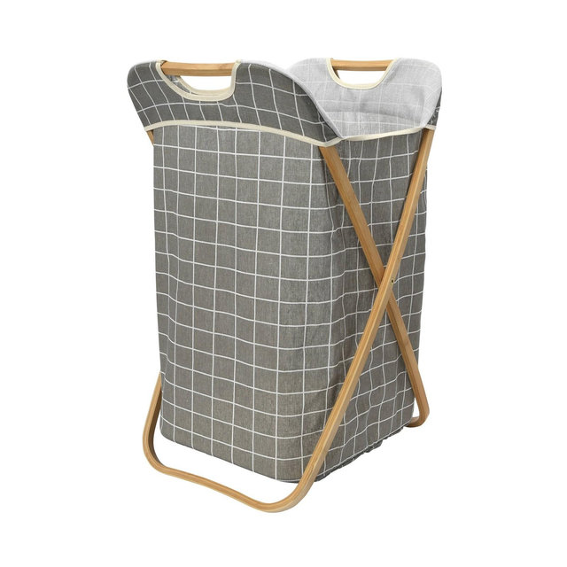 Household Essentials Bamboo X-Frame Grid Pattern Hamper Gray