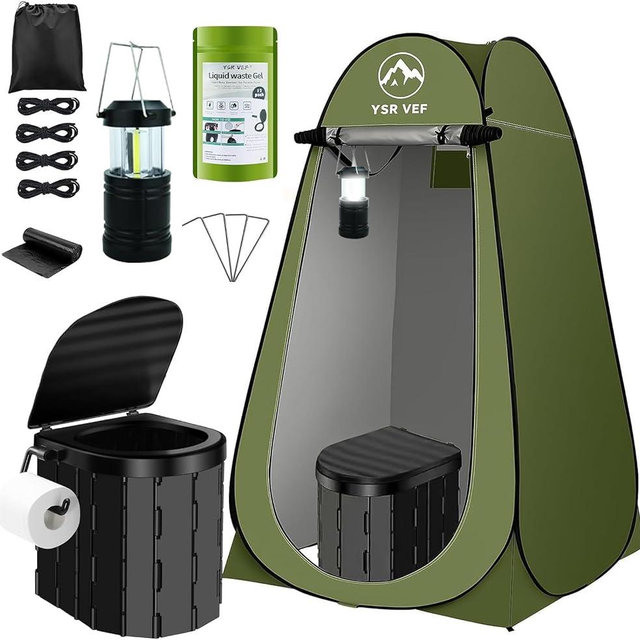 Portable Toilet Kit, Camping Toilet with Pop-Up Privacy Tent and Poo Gel Toilet Bags, Washable Portable Outdoor Showers Changing Rooms