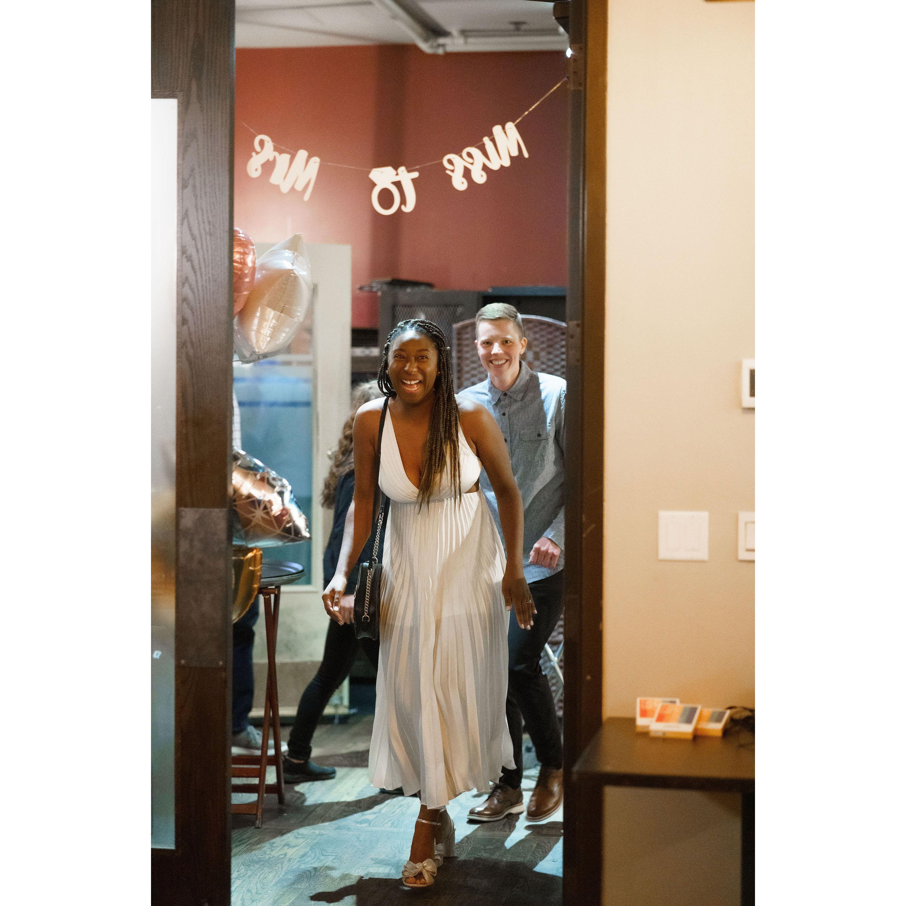 Walking into our engagement party which was a surprise for Azenay!