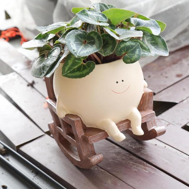 UMESONG Smily Face Planter Pot Cute Resin Flower Head Planters for Indoor Outdoor Plants Unique Sitting Rocking Chairs Succulent Pots for String of Pearls Plant Live Gift Ideals with Drainage Hole