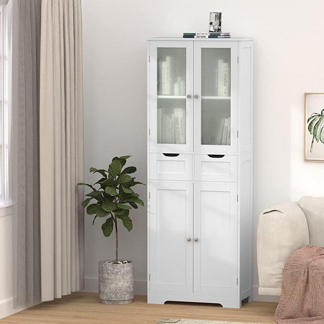 Betterhood Tall Storage Cabinet, Freestanding Kitchen Pantry Cabinet with Glass Doors and Shelves, Large Modern Cupboard with 2 Drawers for Home&Office, White
