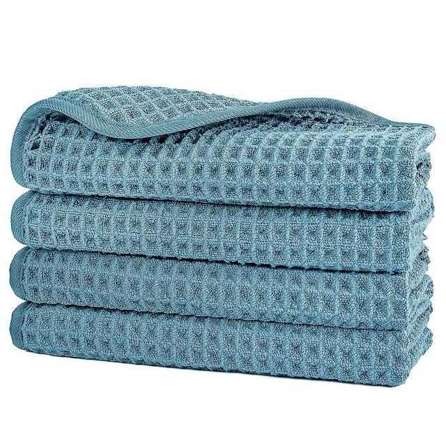 POLYTE Microfiber Lint Free Washcloth Face Towel, 13 x 13 in, 4 Pack (Green, Waffle Weave)