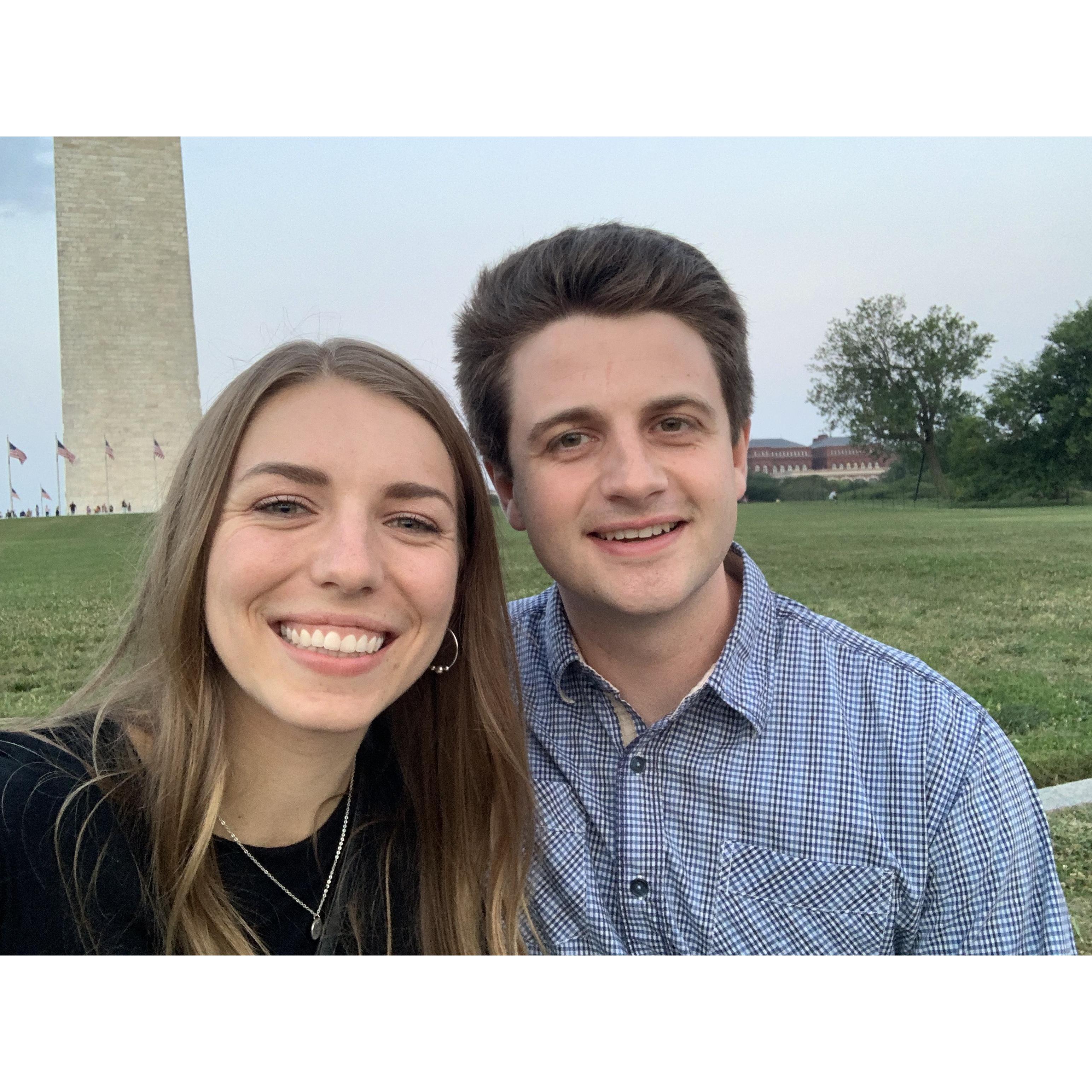 We shared our first kiss sitting by the Washington Monument! We went back a month later and took this picture