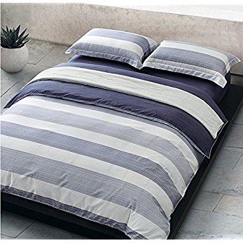 Cabana Stripe Modern Duvet Cover 100-Cotton Twill Bedding Set Geometric White and Navy Distressed Rugby Stripes Print in Dusty Blue Shades Reversible (King, Navy)