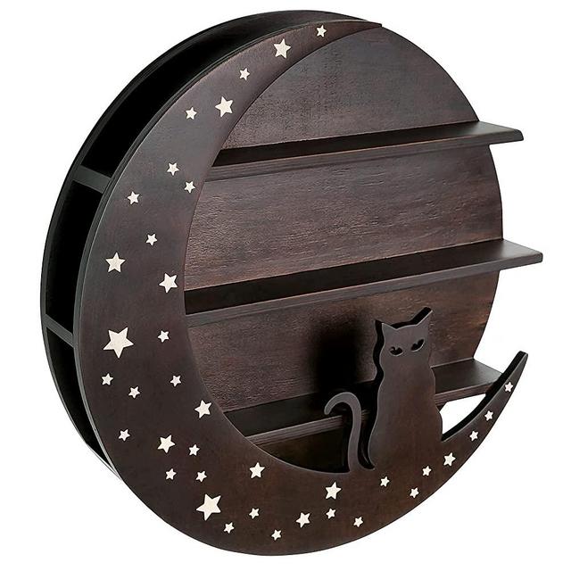 Hop Skip Cat Moon Shelf - 15.75” x 2.76” Durable Pine Plywood Cat Wall Shelf for Crystals and Essential Oils - Beautiful and Delicate Engraved Star Design - Cat-Shaped Hippie Room Decor