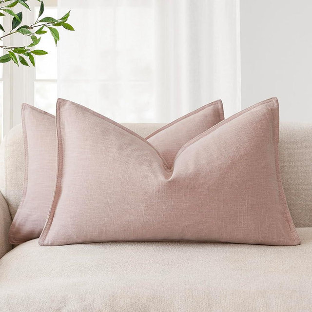 Foindtower Pack of 2, Decorative Linen Solid Throw Pillow Covers Soft Accent Lumbar Cushion Case Boho Farmhouse Pillowcase for Chair Couch Sofa Bedroom Living Room Home Decor 12 x 20 Inch Light Pink